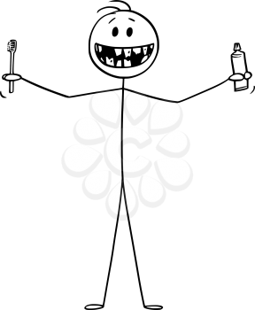 Vector cartoon stick figure drawing conceptual illustration of smiling man showing his bad teeth, and holding tooth brush or toothbrush and tooth paste or tooth paste in hands.
