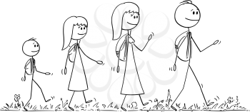 Vector cartoon stick figure drawing conceptual illustration of walking family on trip or adventure of man, woman, girl and boy or father, mother, daughter and son.