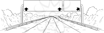 Vector cartoon black and white drawing illustration of forward going highway with branching, arrows and big empty sign.