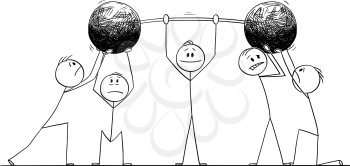 Vector cartoon stick figure drawing conceptual illustration of confident man or businessman lifting heavy weight. Team or colleagues are helping him.Business concept.