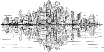 Vector artistic sketchy pen and ink drawing illustration of generic city high rise cityscape landscape with skyscraper buildings reflecting in water in front.