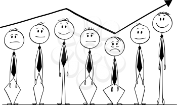 Cartoon stick figure drawing conceptual illustration of group of businessmen rising up and down following arrow of financial graph or chart. Business concept of market investment sentiment.
