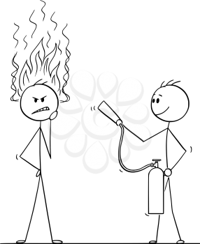 Cartoon stick figure drawing conceptual illustration of man or businessman thinking hard about problem with flames coming from head. Another man with fire extinguisher is ready to stop his thinking.