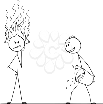 Cartoon stick figure drawing conceptual illustration of man or businessman thinking hard about problem with flames coming from head. Competitor with bucket of water is ready to cool him down and stop his innovation.