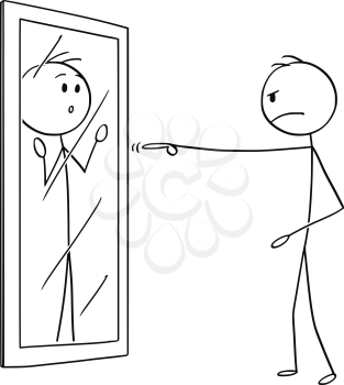 Cartoon stick figure drawing conceptual illustration of angry man pointing and blaming yourself or his reflection in mirror.