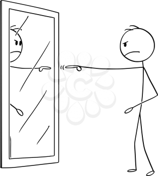 Cartoon stick figure drawing conceptual illustration of angry man pointing and blaming yourself or his reflection in mirror.