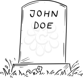 Cartoon conceptual drawing or illustration of tombstone of unknown male person marked as John Doe.
