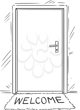 Cartoon conceptual drawing or illustration of closed door with welcome text on mat or doormat.