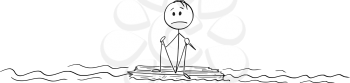Cartoon stick figure drawing conceptual illustration of lonely man or castaway sitting lost and alone in the middle of ocean on piece of wood.