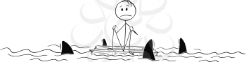 Cartoon stick figure drawing conceptual illustration of lonely man or castaway sitting lost and alone in the middle of ocean on piece of wood surrounded by sharks.