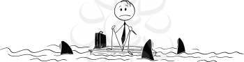 Cartoon stick figure drawing conceptual illustration of lonely businessman or castaway sitting lost and alone in the middle of ocean on piece of wood surrounded by sharks.