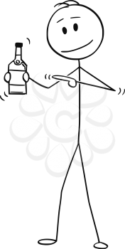 Cartoon stick figure drawing conceptual illustration of man holding bottle of alcohol and pointing at it.