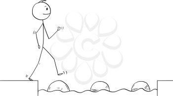 Cartoon stick figure drawing conceptual illustration of man or businessman stepping on big stones to get over water obstacle on his way to success.Business concept.