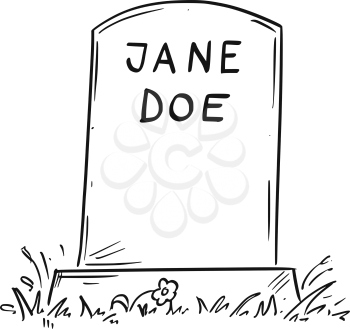 Cartoon conceptual drawing or illustration of tombstone of unknown female person marked as Jane Doe.