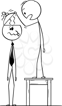 Cartoon stick figure drawing conceptual illustration of man looking in to empty head of crazy or dull businessman or politician finding no brain inside or brainless.