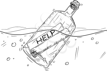 Cartoon drawing illustration of paper help message in old glass bottle floating in ocean.