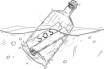 Cartoon drawing illustration of paper SOS message in old glass bottle floating in ocean.