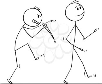 Cartoon stick figure drawing conceptual illustration of killer with knife sneaking silently behind walking man.