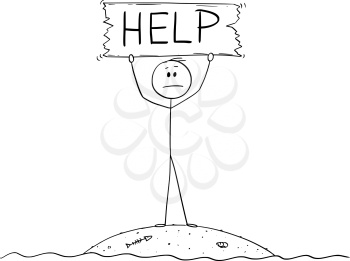Cartoon stick figure drawing conceptual illustration of castaway man surviving alone on small island and holding help sign.