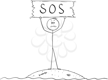 Cartoon stick figure drawing conceptual illustration of castaway man surviving alone on small island and holding SOS sign.