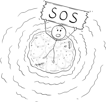 Cartoon stick figure drawing conceptual illustration of aerial view of castaway man surviving alone on small island and holding SOS sign.