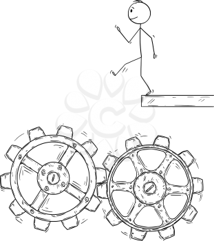 Cartoon stick figure drawing conceptual illustration of man or businessman walking artless and falling down in to machine cogwheels.Metaphor of expectations and real life.