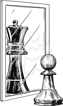 Cartoon drawing and conceptual illustration of white chess pawn reflecting in mirror as black king. Metaphor of confidence.