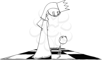 Cartoon stick figure drawing conceptual illustration of giant menacing and threatening chess queen figure looking at small pawn.