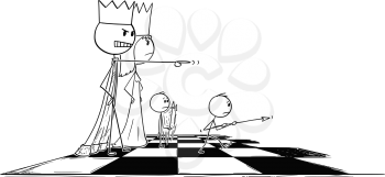 Cartoon stick figure drawing conceptual illustration of big chess king sending small pawn figure to fight or battle. Metaphor of power and dominance.