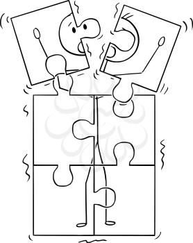 Cartoon stick figure drawing conceptual illustration of image of man broking up in jigsaw puzzle pieces. Concept of dementia and mental health.