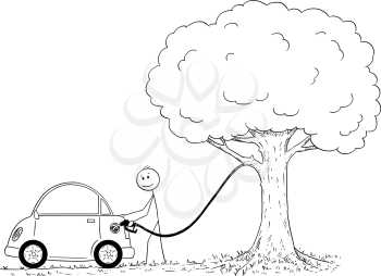 Cartoon stick figure drawing conceptual illustration of man refueling or fueling car from tree. Environmental concept of ecological power source for cars.