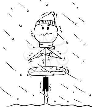 Cartoon stick figure drawing conceptual illustration of chilled tourist or man standing in water and bathing in cold weather out os the summer season.
