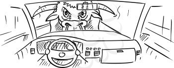 Cartoon stick figure drawing conceptual illustration of car dashboard and driver's hands on steering wheel while big dangerous bull or ox is looking inside.