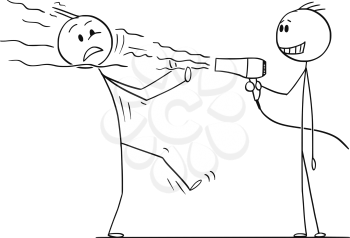 Cartoon stick figure drawing conceptual illustration of spiteful smiling man blowing on another man using hairdryer.