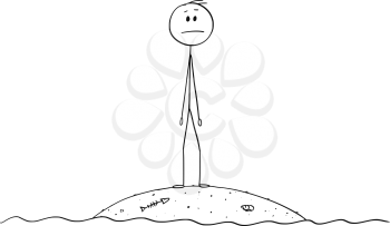 Cartoon stick figure drawing conceptual illustration of castaway man or businessman standing and surviving alone on small island.