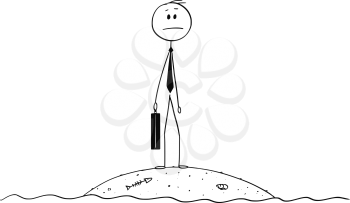 Cartoon stick figure drawing conceptual illustration of castaway businessman with briefcase standing and surviving alone on small island.
