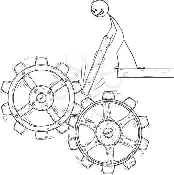 Cartoon stick figure drawing conceptual illustration of man or businessman trying to stop or block machine cogwheels as social or political system revolt metaphor.