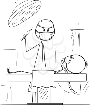 Cartoon stick figure drawing conceptual illustration of doctor surgeon on operating theater ready to operate patient.