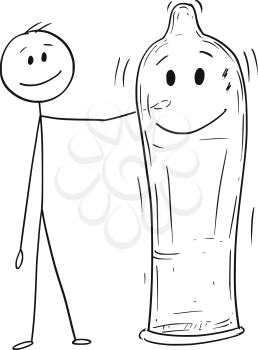Cartoon stick figure drawing conceptual illustration of man holding big smiling condom character. Concept of contraception.