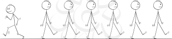 Cartoon stick figure drawing conceptual illustration of man or businessman individuality standing out of crowd or group of same uniform business people walking same direction.