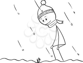 Cartoon stick figure drawing conceptual illustration of happy man who found first Spring snowdrop flower plant flowering in snow.