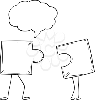 Cartoon Illustration of two jigsaw puzzle piece male and female characters matching together. There is empty speech bubble for your text. Metaphor of heterosexual relationship or business concept of problem solution.