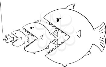 Cartoon drawing or illustration of line of fish, bigger is eating smaller ones, metaphor of business competition or food chain in nature.