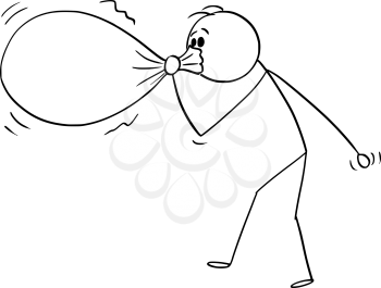 Cartoon stick figure drawing conceptual illustration of man or businessman blowing or inflating big balloon or bag or sack.