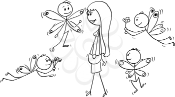 Cartoon stick figure drawing conceptual illustration of attractive beautiful young woman and group of loving swains flying around her like butterflies.