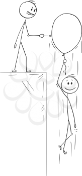 Cartoon stick figure drawing conceptual illustration of happy man or businessman flying up on inflatable party balloon, competitor with pin is ready to burst it.