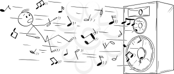 Cartoon stick figure drawing conceptual illustration of man and big loudspeaker or speaker which blow him away by loud music or sound represented by flying notes.