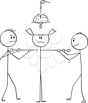 Cartoon stick figure drawing conceptual illustration of two technicians constructing or assembling together man or human being from parts.
