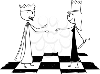 Cartoon stick figure drawing conceptual illustration of white chess king is warmly welcoming black queen hiding knife and pretending friendship.