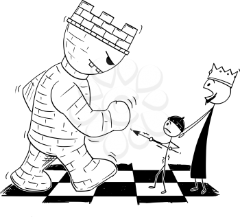 Cartoon stick figure drawing conceptual illustration of black chess king endangered by giant tower or rook and sending small pawn in to fight to defend him. Metaphor of power and responsibility.